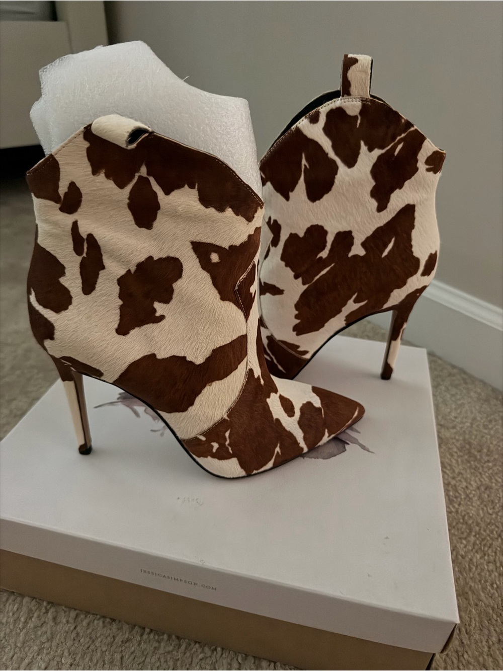 Cowhide Sculpted Stiletto Ankle Boots - Brown & Cream